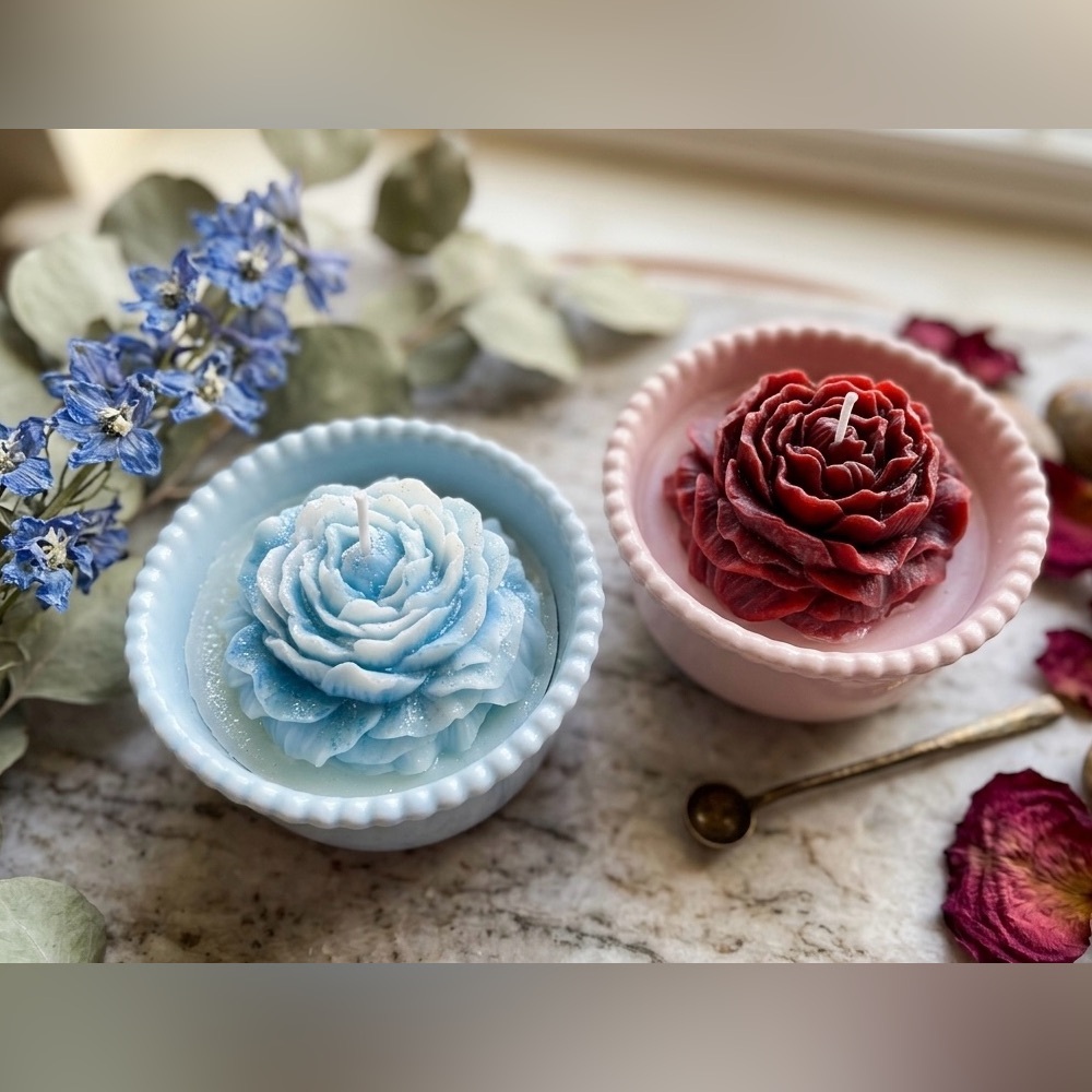 Floral Rose Shaped Scented Candles in Blue & Red Bowls